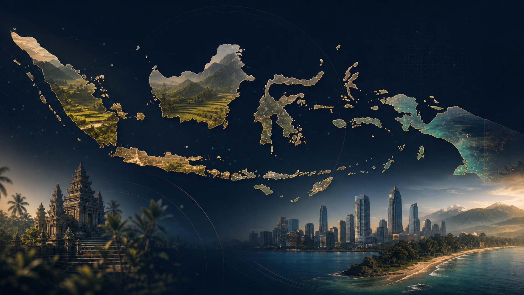 インドネシアの地図と都市の雰囲気を表すビジュアル